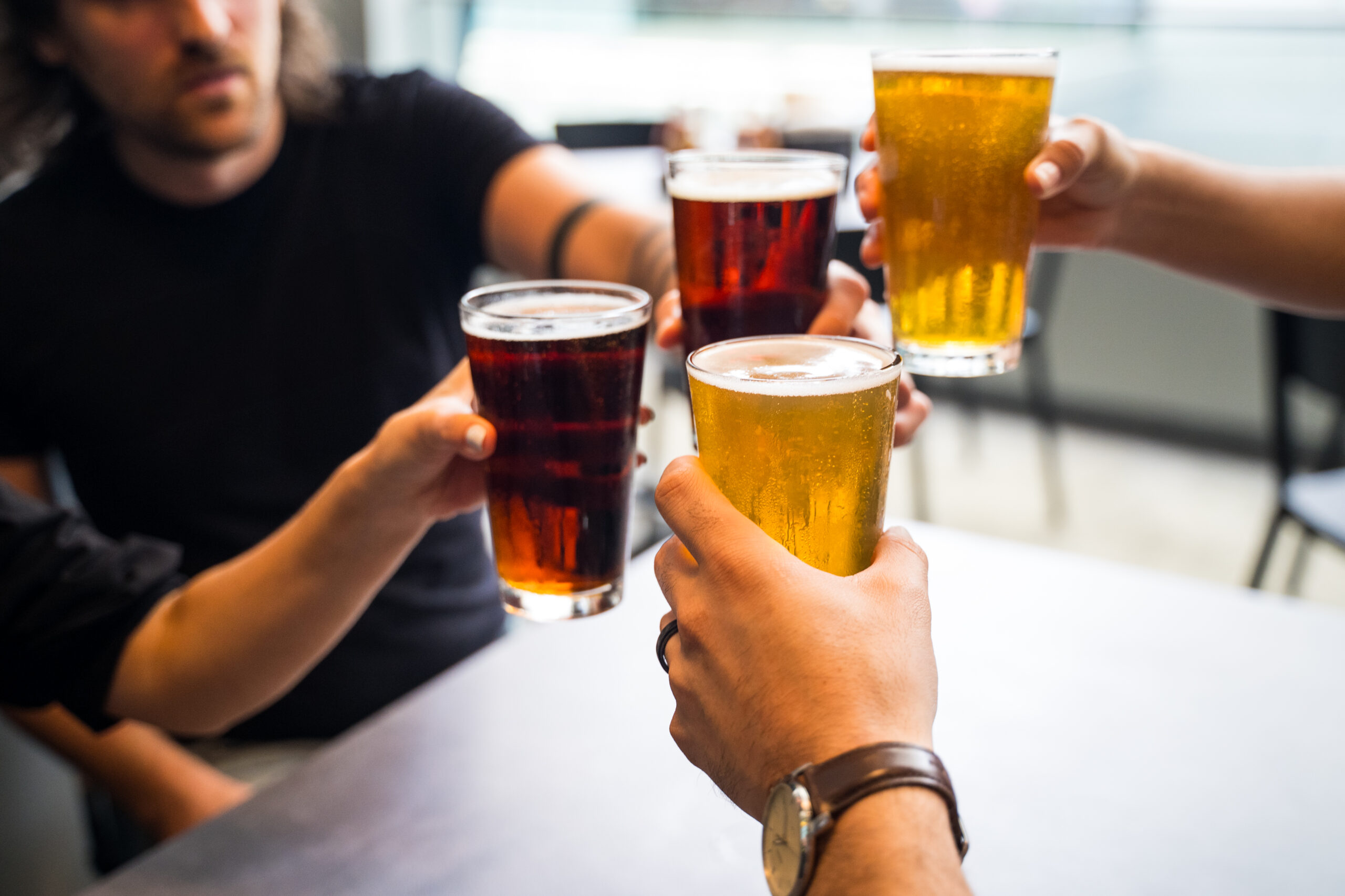 A picture of several people clinking glasses of beer.